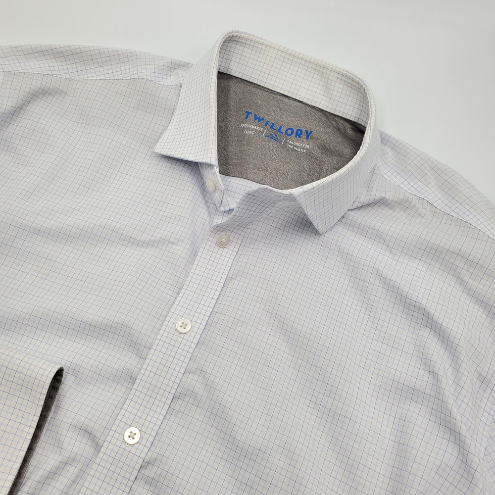 Twillory Performance Dress Shirt Mens 18 34-35 Tailored Fit Blue White Flaw